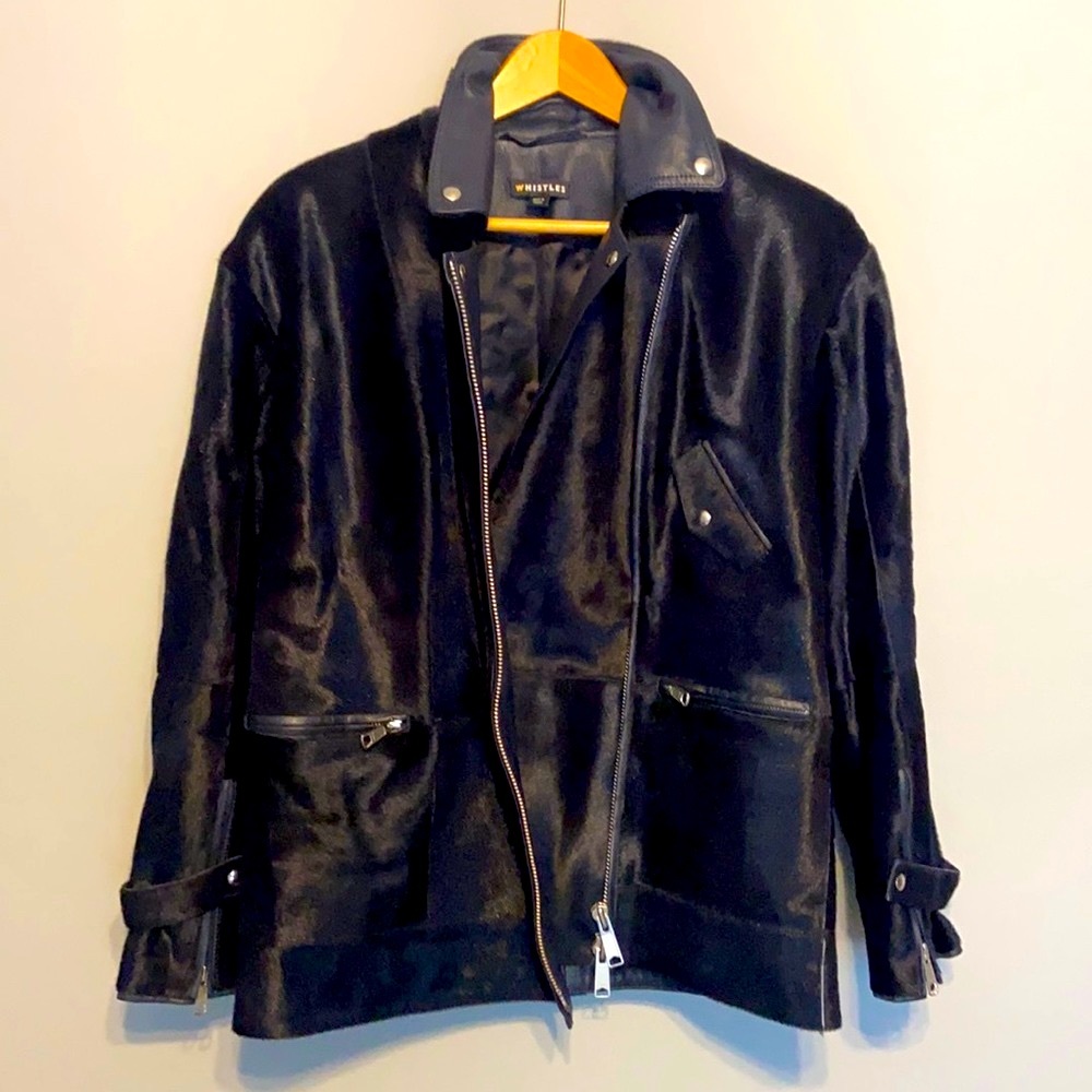 Goat Shearling Dark Blue Moto Jacket - Whistles